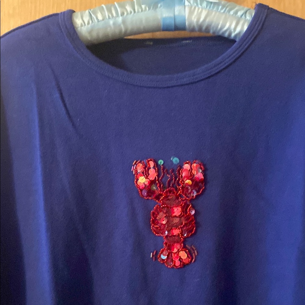 Blue Top with Red Sequin Lobster Design